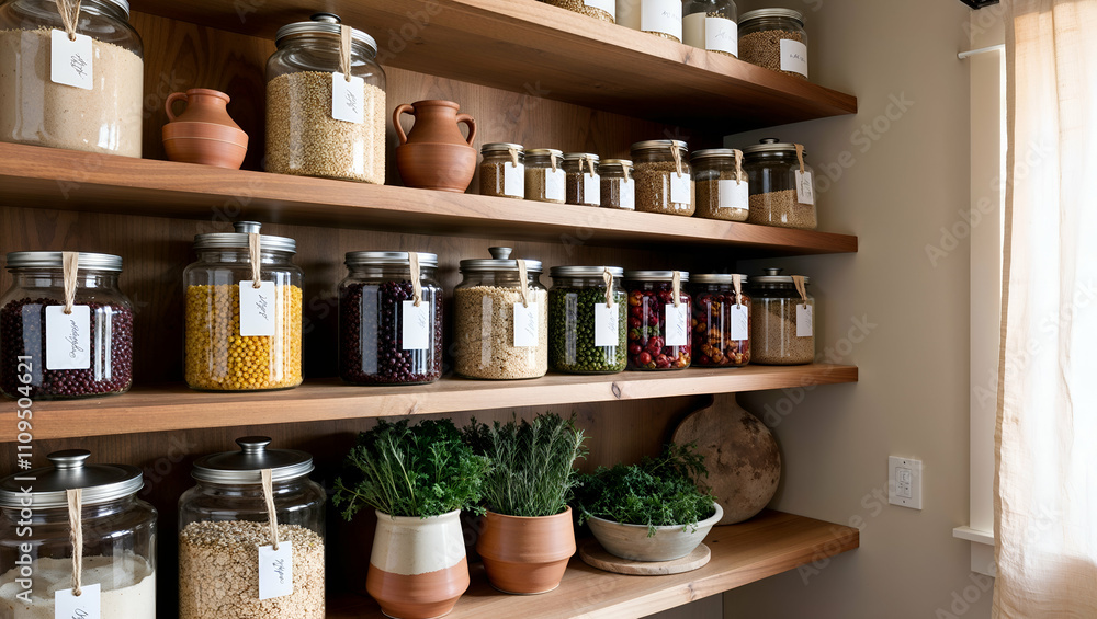 Stylish kitchen pantry with glass jars and labeled containers showcasing organized dry goods and fresh herbs