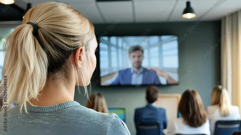 custom made wallpaper toronto digitalWoman participates in online meeting while colleagues observe in modern office setting