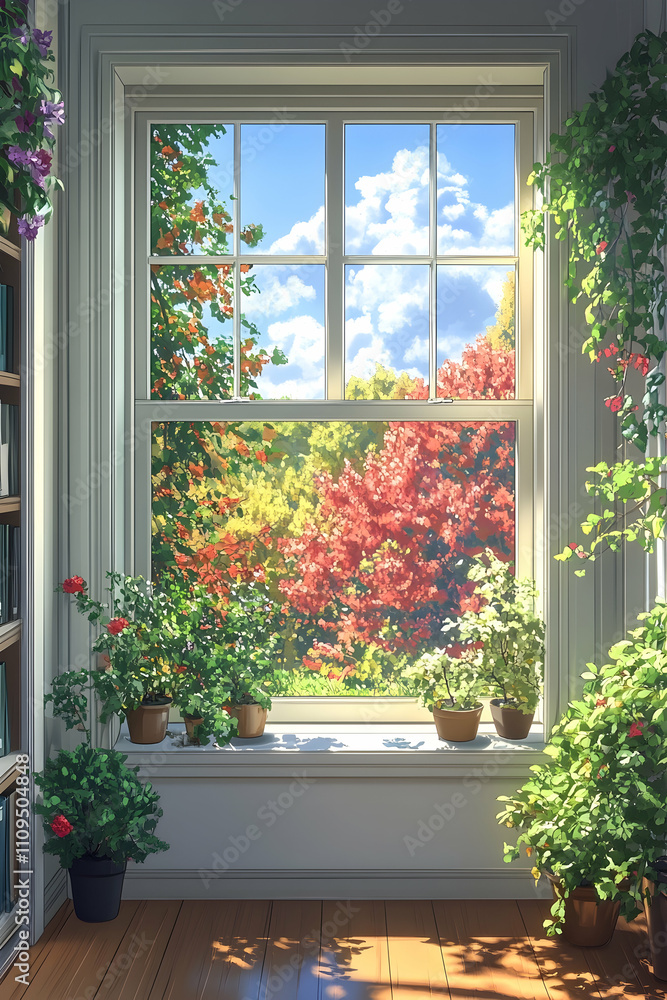 Autumnal view through a window with potted plants. Autumnal view through a window with potted plants.