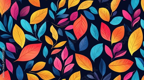  Colorful leaves on black background in various shades of red, yellow, blue, and green