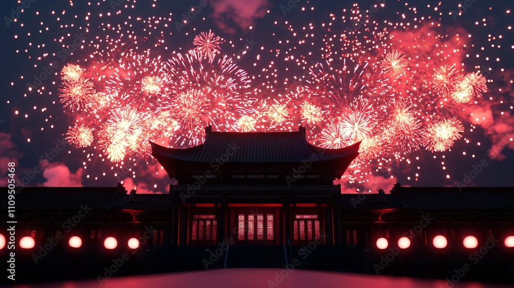 Fototapeta premium Spectacular Red Fireworks over Asian Temple at Night