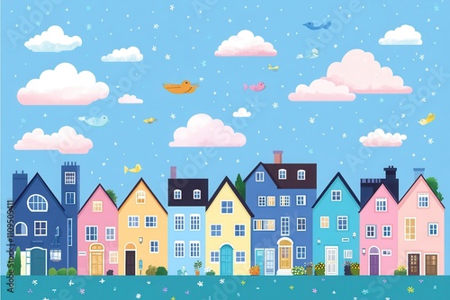 Charming Colorful Houses with Blue Sky and Clouds, Playful Birds in a Whimsical Landscape for Kids and Family Themes