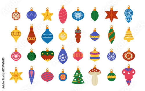 Retro Christmas toys. Vintage New Years decorations. Holiday decor, stars, trinkets hanging. Celebrating balloons for Xmas tree. Vector simple tidy design, cartoon flat style isolated illustration set