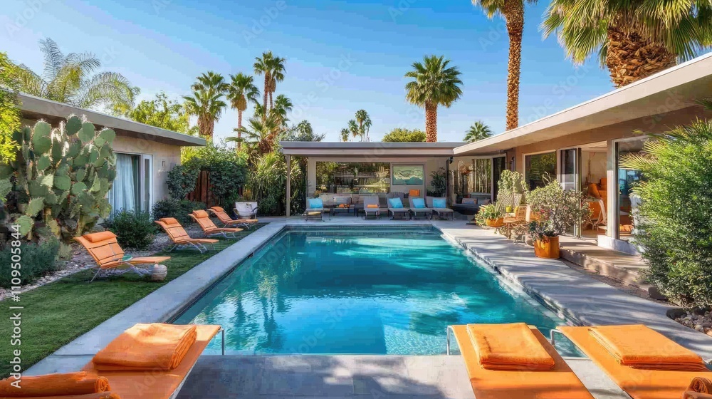 Fototapeta premium A backyard pool surrounded by lounge chairs and palm trees, creating a perfect summer oasis.
