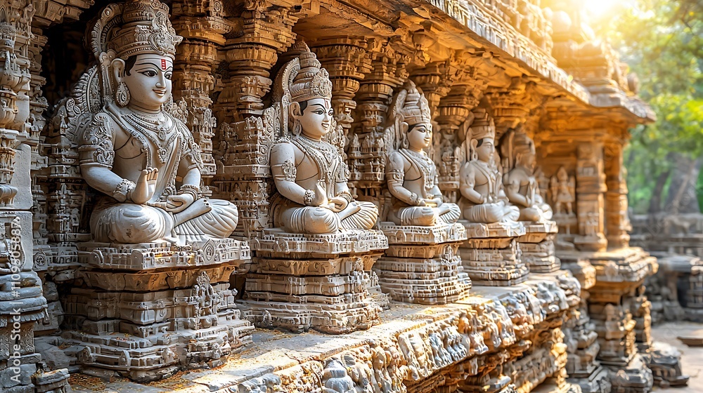 Intricate stone carvings of serene figures in a temple, bathed in sunlight. Intricate stone carvings of serene figures in a temple, bathed in sunlight.