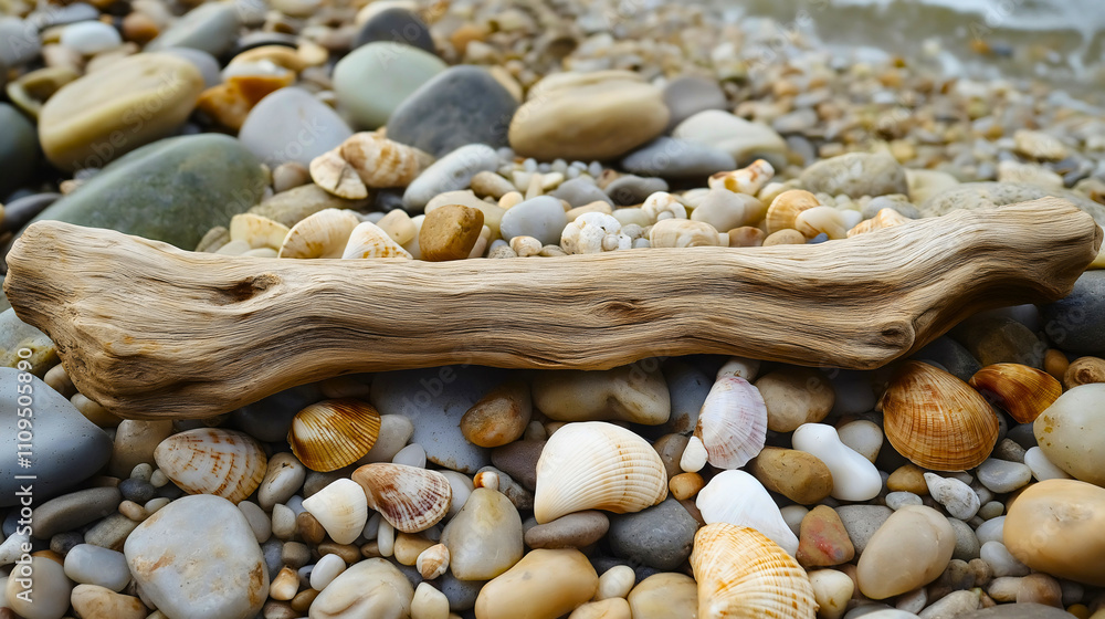Fototapeta premium Tranquil Coastal Landscape: Driftwood, Stones, and Natural Textures Along the Shoreline