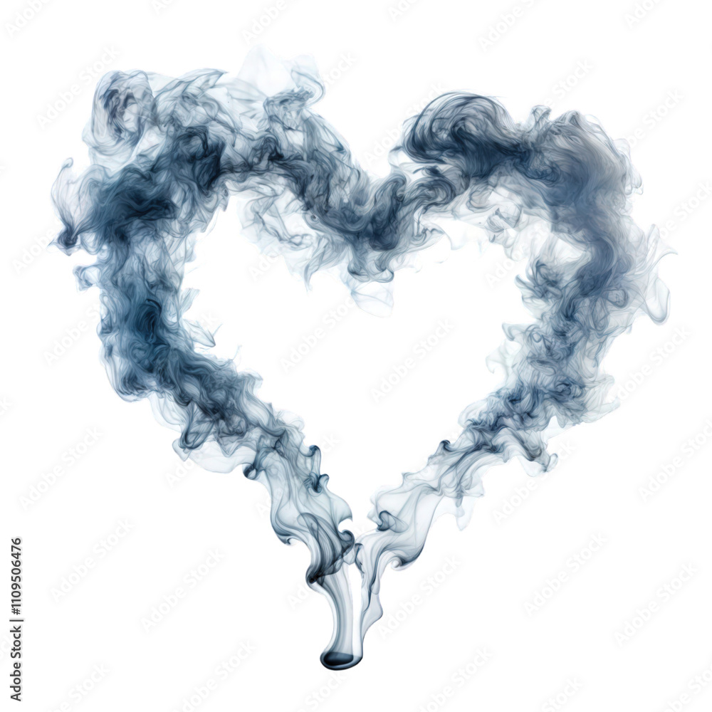 Heart-shaped smoke design in gray and white tones, abstract artistic vapor, isolated on transparent background