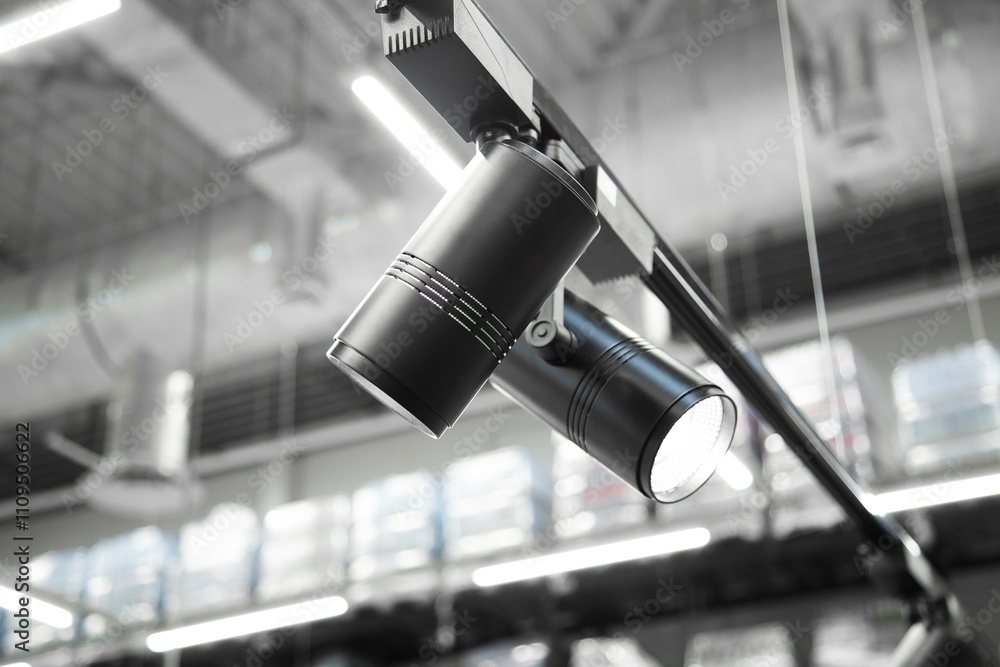 Modern industrial interior. Ceiling of commercial real estate with lighting equipment