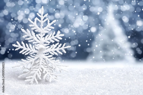 A snowflake decoration on a snowy surface with a blurred winter background.