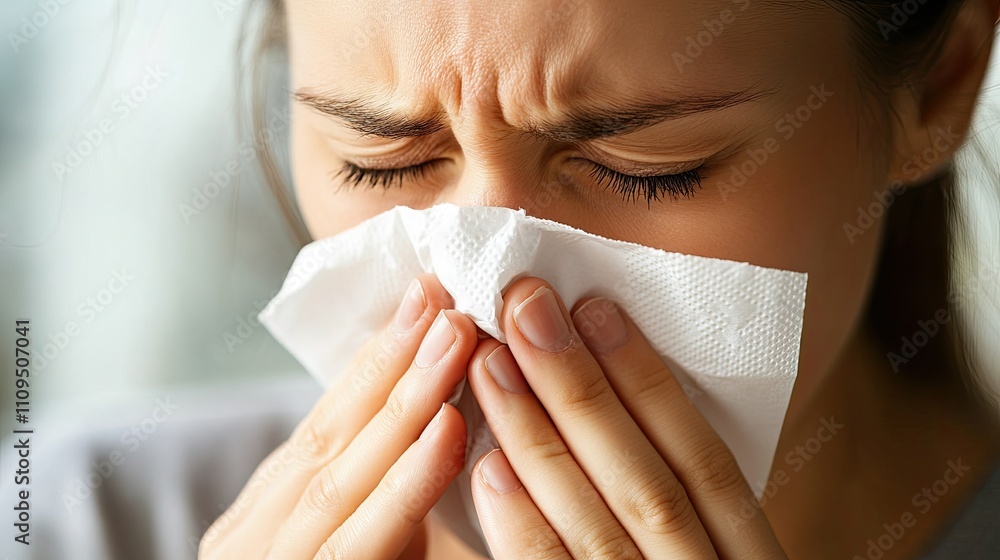 A close-up of a person holding a tissue with a runny nose, visually depicting the symptoms of a common cold A close-up of a person holding a tissue with a runny nose, visually depicting the symptoms of a common cold