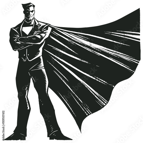 Superhero with a flowing cape, engraving style vector illustration.