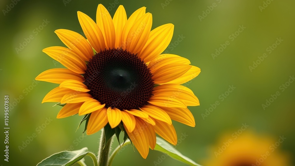 A single sunflower, with bright yellow petals, faces the sun, its dark brown center a stark contrast against the green background. A single sunflower, with bright yellow petals, faces the sun, its dark brown center a stark contrast against the green background.