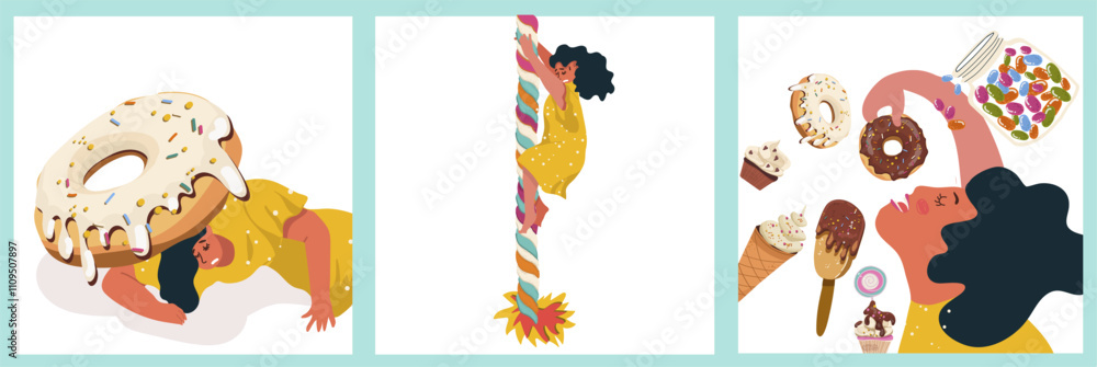 Fototapeta premium Sugar addiction flat isolated poster set with a woman pressed down by a donut, climbing a sweet rope, devouring sweets, craving desserts vector hand drawn illustration