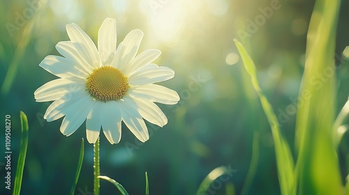   A white flower with a yellow center on green grass under the shining sun