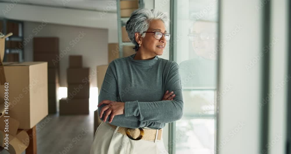 Thinking, window and mature woman by boxes in office for rental property, building or startup investment. Entrepreneur, ideas and supply chain manager with workplace relocation, company and business.