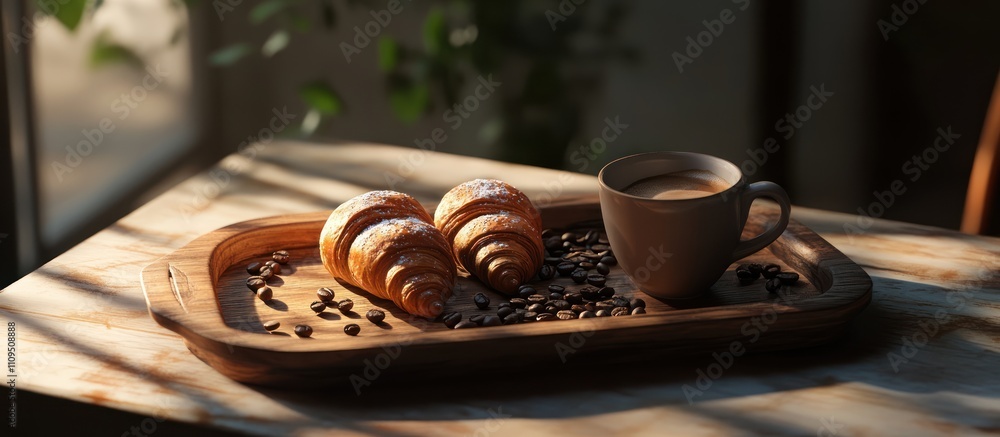 A cozy breakfast scene with croissants and coffee on a wooden tray. A cozy breakfast scene with croissants and coffee on a wooden tray.