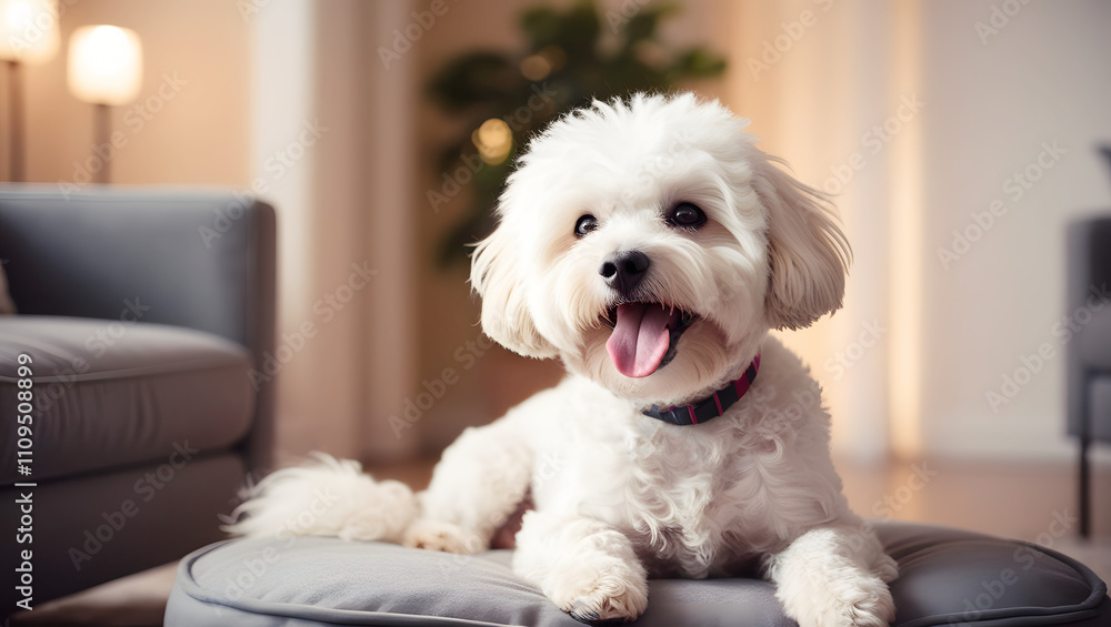 Adorable White Bichon Frise Relaxing on a Cushion in a Modern Living Room Adorable White Bichon Frise Relaxing on a Cushion in a Modern Living Room