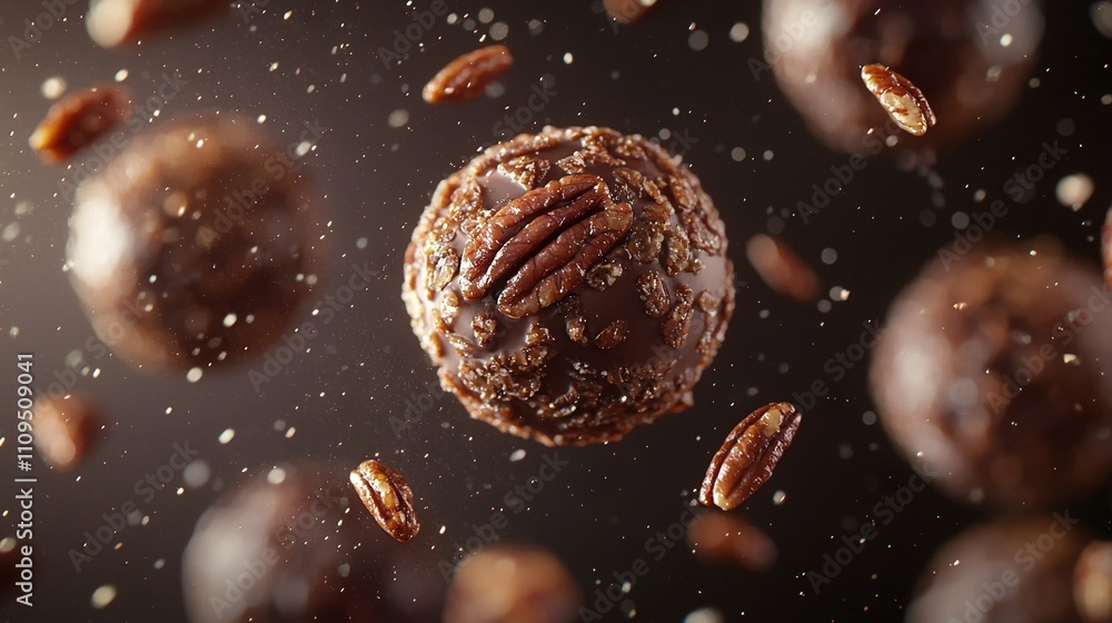 A close-up of a doughnut with pecans scattered around it on a black surface, featuring droplets of water A close-up of a doughnut with pecans scattered around it on a black surface, featuring droplets of water