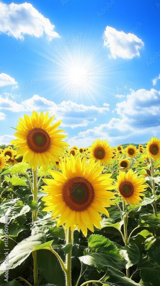 Fototapeta premium Vibrant sunflower field basking in sunlight, expansive blooms stretching towards a clear blue sky, evoking feelings of joy and tranquility in nature's embrace