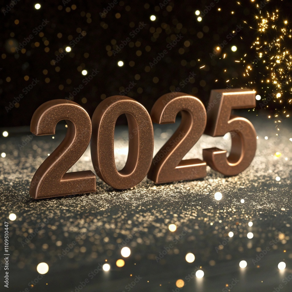 3D numerals 2025 stand out against a dark, sparkling background with shimmering 3D numerals 2025 stand out against a dark, sparkling background with shimmering