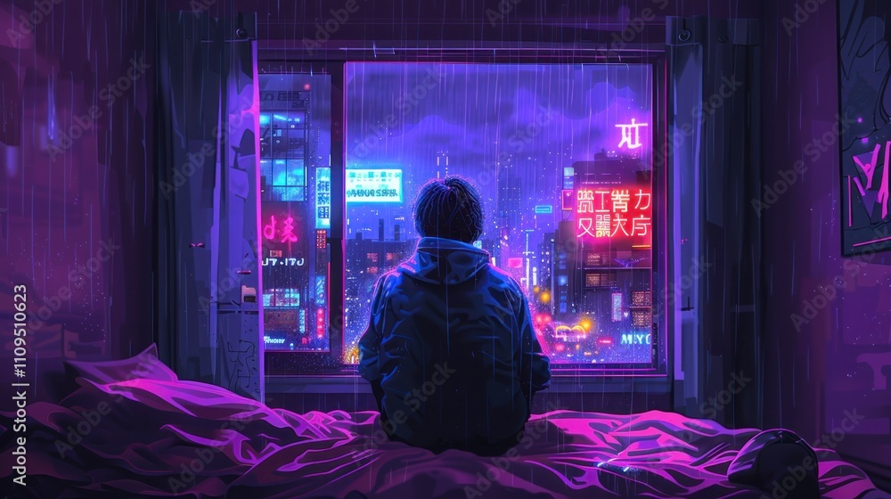 Fototapeta premium Person sitting on bed, watching rainy cyberpunk city at night.