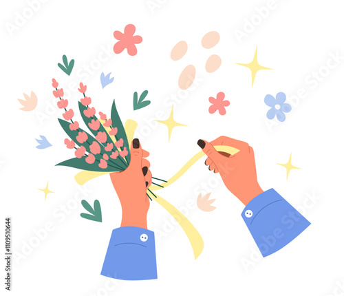 Handmade crafts. Person making bouquet. Person decorating flowers with ribbon. Hobby and florist craftsmanship. Handiwork accessories. Woman arms holding blooming blossoms. Vector creative artisan