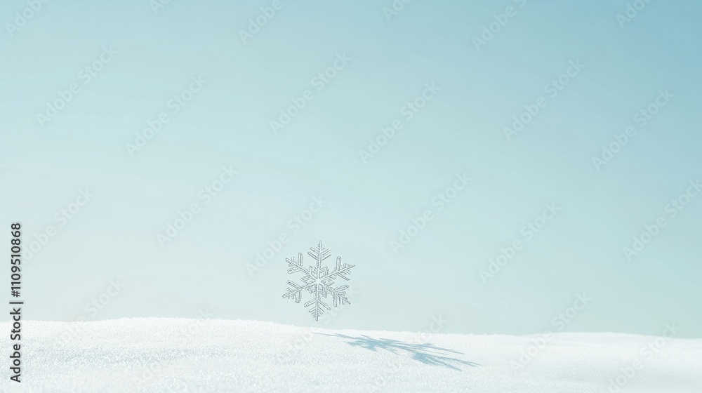 Fototapeta premium A minimalist scene of a single snowflake falling, set against a pale blue sky
