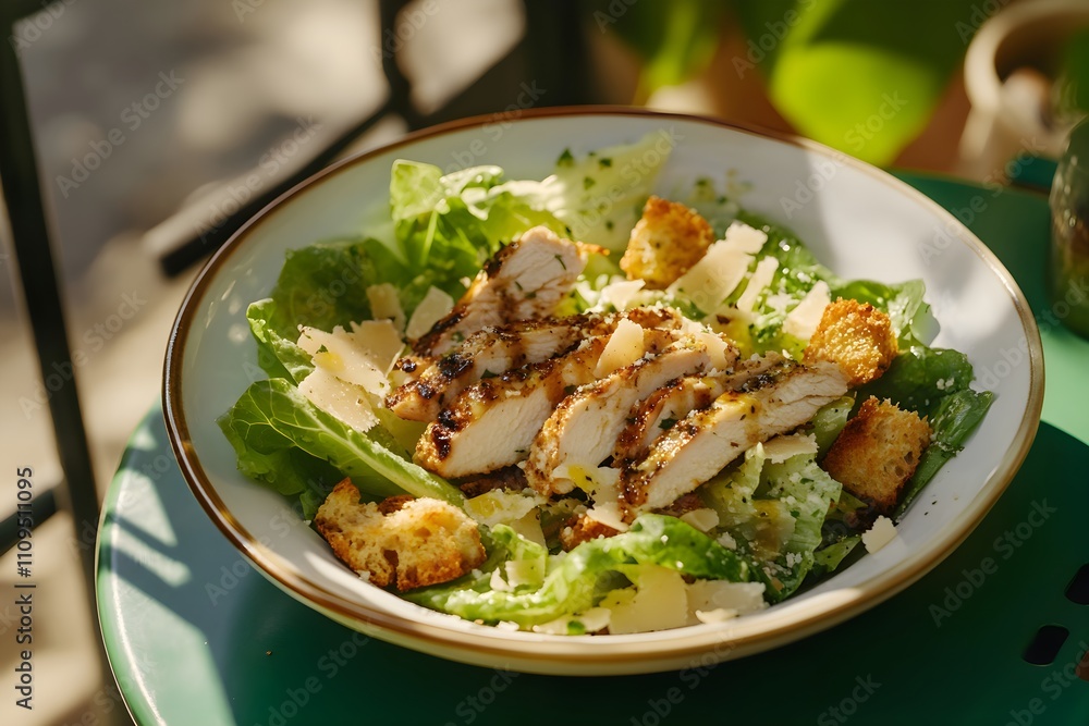 Salade César. A Caesar salad with romaine lettuce, croutons, parmesan, and grilled chicken on a white plate, set on a green table in a sunny Parisian terrasse Salade César. A Caesar salad with romaine lettuce, croutons, parmesan, and grilled chicken on a white plate, set on a green table in a sunny Parisian terrasse
