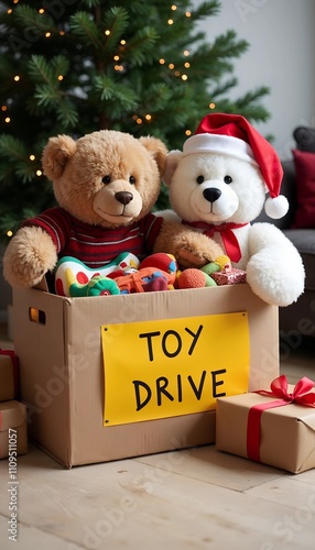 Two plush teddy bears in a donation box labeled 