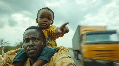 A father carrying his son on shoulders points forward while a truck speeds past, symbolizing adventure and curiosity. photo