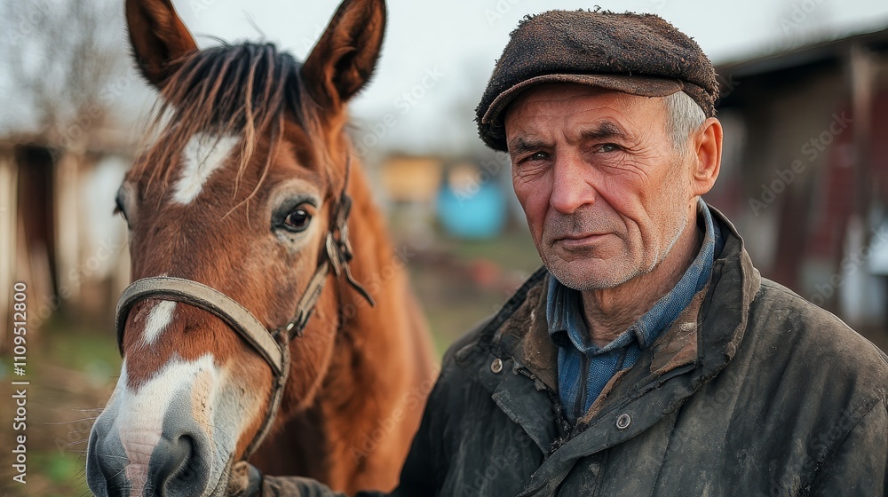 Elderly farmer with a stern expression stands next to his brown horse in a rustic rural setting. Elderly farmer with a stern expression stands next to his brown horse in a rustic rural setting.