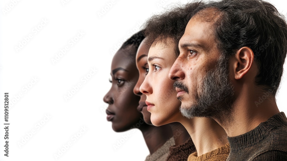 Profile view of four diverse individuals in a row, showcasing unity and diversity against a white background. Profile view of four diverse individuals in a row, showcasing unity and diversity against a white background.