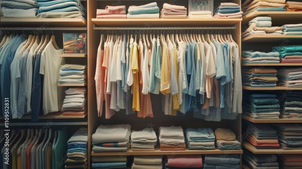 Neatly arranged wardrobe showcasing a variety of colorful shirts and folded clothes, emphasizing organization and closet storage. Neatly arranged wardrobe showcasing a variety of colorful shirts and folded clothes, emphasizing organization and closet storage.