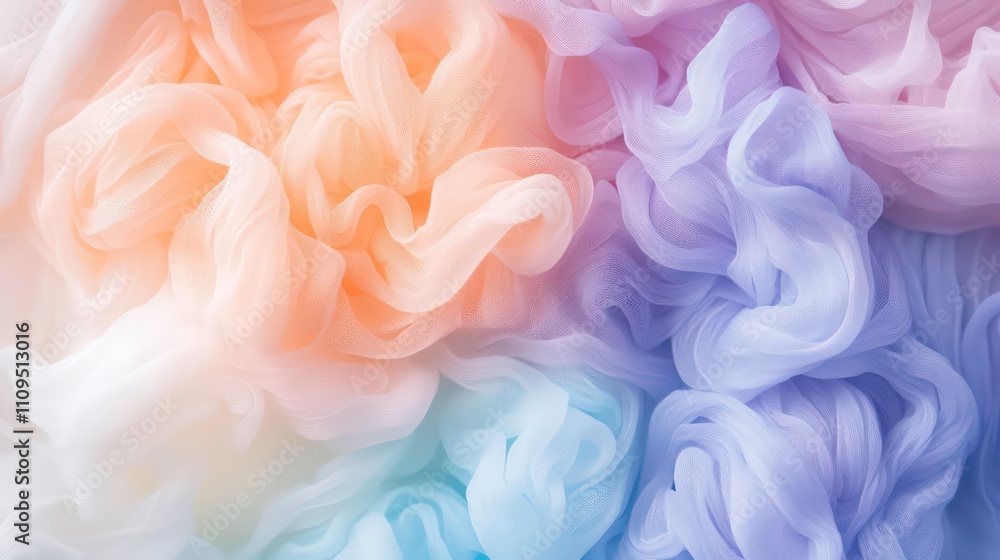 Abstract pastel fabric texture with soft, swirling folds in shades of peach, pink, blue, and purple. Abstract pastel fabric texture with soft, swirling folds in shades of peach, pink, blue, and purple.