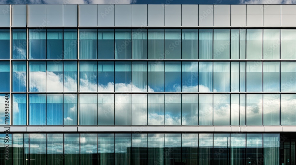 Modern building facade with reflective glass windows and sky reflection Modern building facade with reflective glass windows and sky reflection