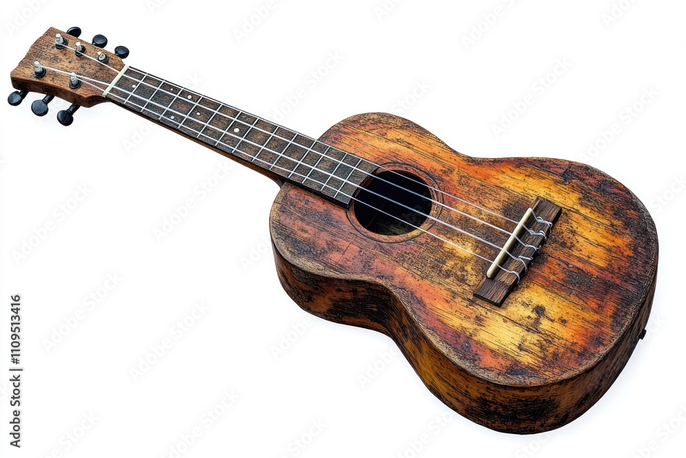 Fototapeta premium Weathered vintage ukulele isolated on white background.