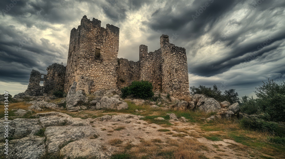Ancient stone castle ruins on a hill under a dramatic sky. Ancient stone castle ruins on a hill under a dramatic sky.
