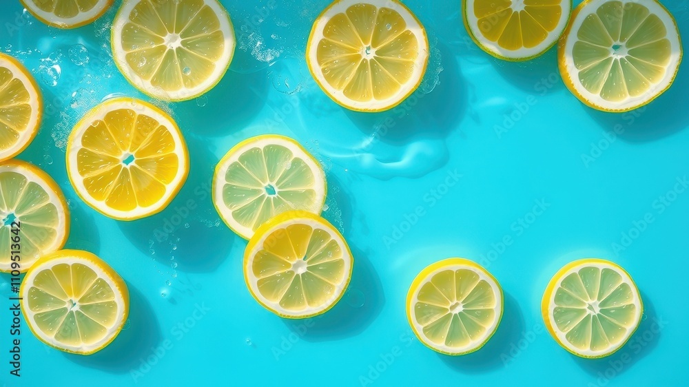 Obraz premium Lemon slices floating on a blue surface with water droplets, creating a refreshing and summery scene.