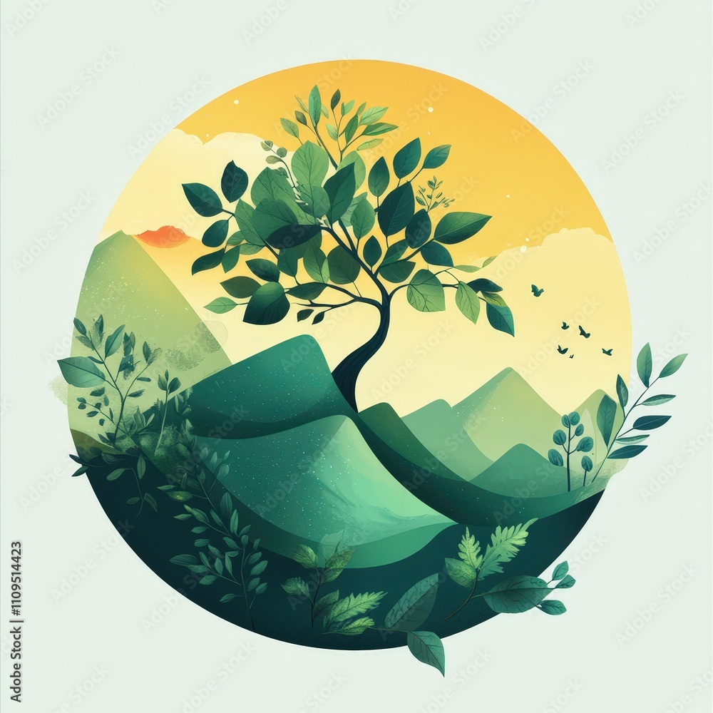 Fototapeta premium natural transpiration in environment concepts. A vibrant illustration of a tree on rolling hills, set against a colorful sunrise backdrop.