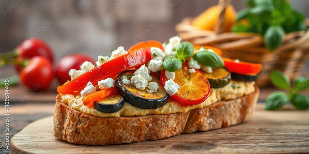 A toast topped with hummus, roasted vegetables, and feta cheese, perfect for a light and flavorful lunch or snack. A toast topped with hummus, roasted vegetables, and feta cheese, perfect for a light and flavorful lunch or snack.