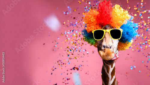 giraffe, karneval, banner, copy space, hut, sonnenbrille, konfetti, mit, eine, pink, köln, perücke, kostüm, Fasching, feiern, party, marketing, design, gestalten, abbildung, tier, ad, 3d, modern, neu