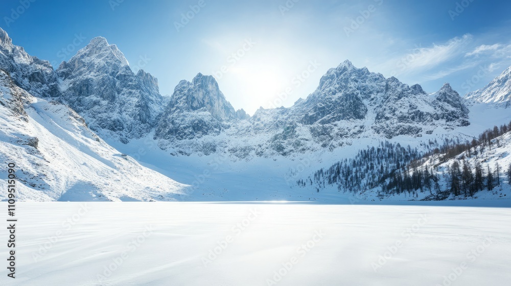 Obraz premium A Snowy Mountain Peak with a Dramatic Sky and Cinematic Lighting