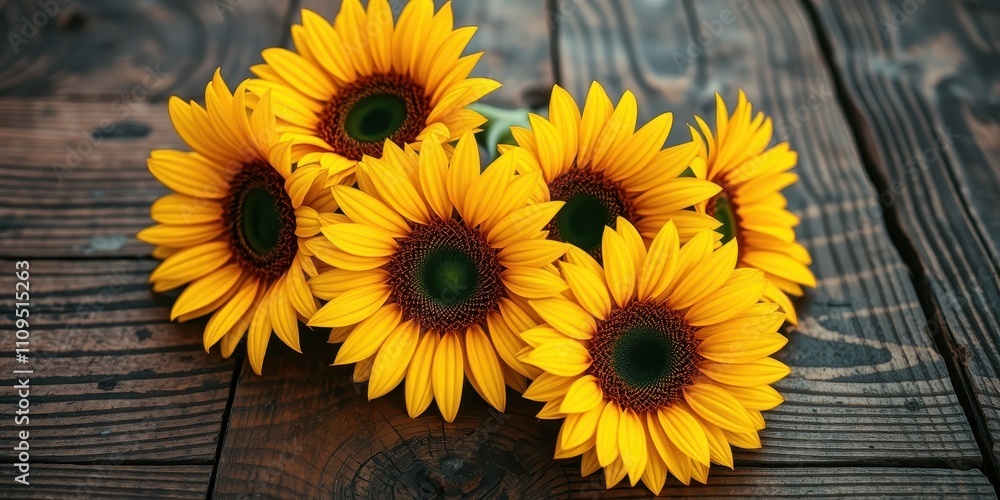 Fototapeta premium A cluster of vibrant sunflowers, their golden petals reaching out towards the sun, stand proudly on a weathered wooden surface.