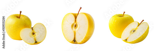 Set of yellow apple sliced in half isolated on a transparent background