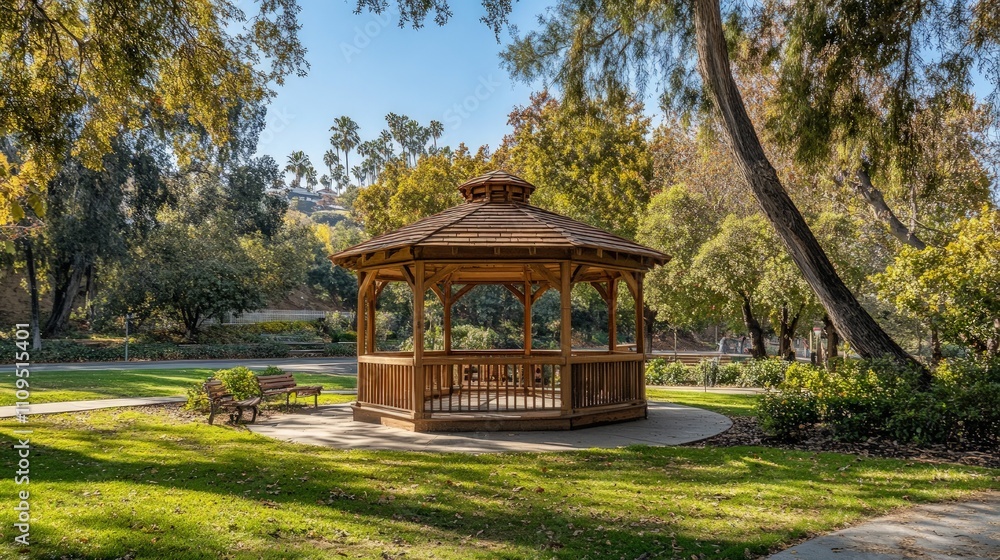 Charming wooden gazebo in a park, offering a shaded retreat and gathering space for visitors, surrounded by lush greenery and inviting pathways for relaxation and socializing Charming wooden gazebo in a park, offering a shaded retreat and gathering space for visitors, surrounded by lush greenery and inviting pathways for relaxation and socializing