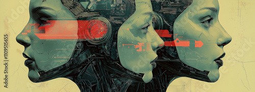 Futuristisches abstraktes Portrait mit drei weiblichen KI-Köpfen und digitalen grafischen Elementen.  Dada Collage zum Thema 