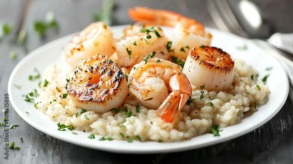 A detailed photo of a plate containing shrimp and rice, with a fork and spoon visible in the backdrop A detailed photo of a plate containing shrimp and rice, with a fork and spoon visible in the backdrop