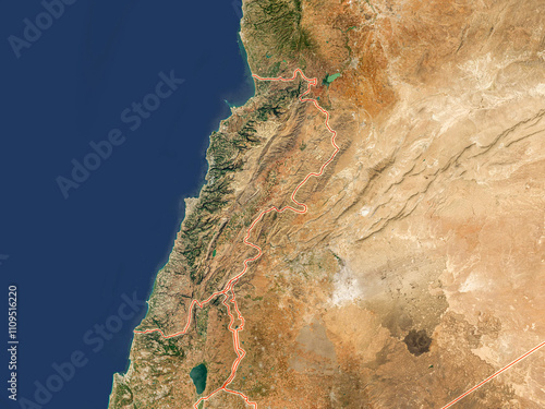 Fototapeta Naklejka Na Ścianę i Meble -  Physical map of the world, satellite view of the Middle East, Asia. Lebanon, Israel and Syria. Reliefs and oceans. 3d rendering. Elements of this image are furnished by NASA