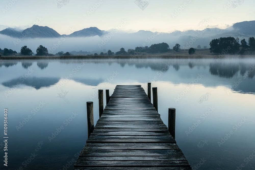Wooden dock extending into misty lake with mountains in background Wooden dock extending into misty lake with mountains in background