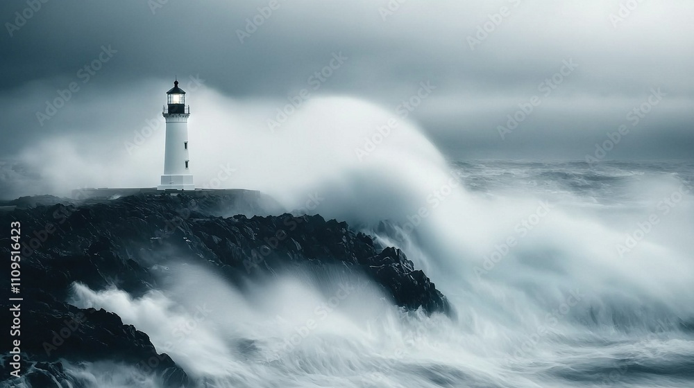 Lighthouse on rocky outcropping amidst giant wave in ocean's heart Lighthouse on rocky outcropping amidst giant wave in ocean's heart